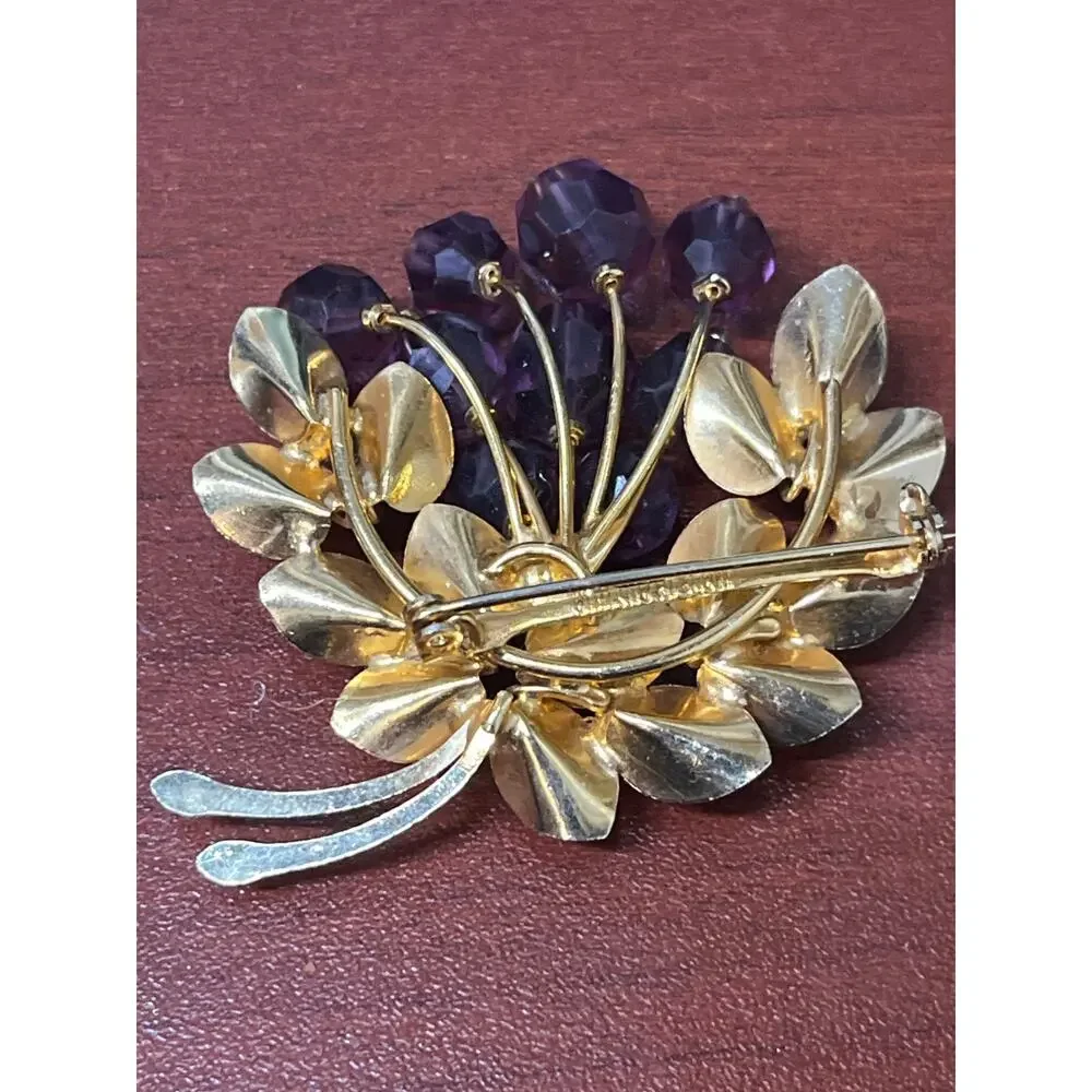 Vintage Purple Rhinestone Floral Spray Brooch, Prong Set, Made In Austria